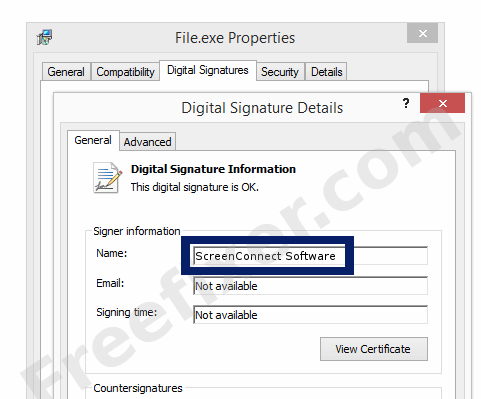 Screenshot of the ScreenConnect Software certificate